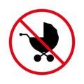 Ban Child Born Pram Black Silhouette Icon. Danger Zone Maternity Forbid Pictogram. Prohibited Baby Carriage Red Stop