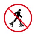 Ban Entry in Roller Skate Black Silhouette Icon. Caution Forbidden Rollerskate Pictogram. Man in Roll Red Stop Circle