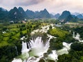 Ban Gioc Detian waterfall on China and Vietnam border aerial vie Royalty Free Stock Photo