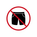 Ban Men Bermuda Summer Short Black Silhouette Icon. Forbid Sport Jeans Boy Short Pictogram. No Clothing Stop Red Sign