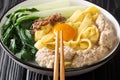 Ban Mian Singaporean favorite, these thick, handmade egg noodles cooked in a savory soup closeup in the bowl. Horizontal