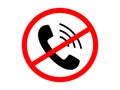 Ban on telephone conversations. Black tube with sound waves in red circle with crossed line it forbidden to enter by phone