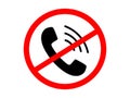 Ban on telephone conversations. Black tube with sound waves in red circle with crossed line it forbidden to enter by