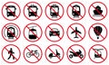 Ban Transport Black Silhouette Icon Set. Forbidden Vehicle Car, Train, Bicycle, Trolley, Shuttle Bus, Tram, Bike Royalty Free Stock Photo