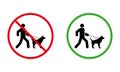 Ban Zone for Walking Dog Black Silhouette Icon. Male and Pet on Leash Walk Forbidden Pictogram. Prohibit Stroll Red Stop Royalty Free Stock Photo