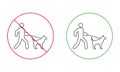 Ban Zone for Walking Dog Line Icon. Prohibit Stroll Red Stop Circle Symbol. Male and Pet on Leash Walk Forbidden Outline Royalty Free Stock Photo