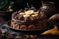 banan cake with chocolate frosting, decorated in classic style