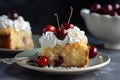 banan cake, with whipped cream and cherry on top