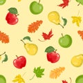 Autumn background. Apples, pears and fallen leaves seamless pattern. Royalty Free Stock Photo