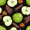 Apple, anise stars, cinnamon sticks seamless pattern on dark background.