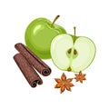 Apple whole and half, cinnamon sticks, star anise isolated on white background.