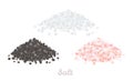 Different types of salt set. Heaps of white, pink and black salt isolated on white background.