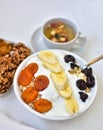 Banana, almonds, porridge oat-flakes, porridge a breakfast, a healthy breakfast, porridge with prunes, porridge with berries, porr