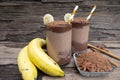 Banana blended chocolate yogurt smoothies milk high protein drinks brown put a glass.