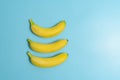 Three banana on blue, centred.