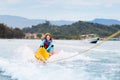 Banana boat ride. Kids on the beach Royalty Free Stock Photo