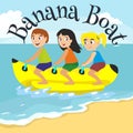 Banana boat water extreme sports, isolated design element for summer vacation activity concept, cartoon wave surfing Royalty Free Stock Photo