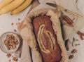 Banana bread in baking tray Royalty Free Stock Photo