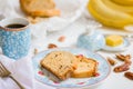 Banana bread on a beautiful breakfat scene Royalty Free Stock Photo