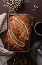 Banana bread. Cake with banana, traditional american cuisine. Whole loaf. Vertical, close up Royalty Free Stock Photo