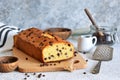 Banana bread with chocolate chips on the table