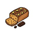 Banana bread with chocolate doodle icon, vector color line illustration