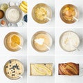 Banana bread. Collage, step by step recipe. Cake with banana and blueberries