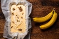 Banana bread. Cooking. Vegetarian food. Raw muffin with bananas and nuts on a wooden background Royalty Free Stock Photo