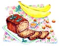 Banana bread and ingredients on napkin with roses print Royalty Free Stock Photo