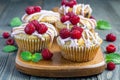 Banana bread muffins with raspberries, cherries and white chocolate, horizontal Royalty Free Stock Photo