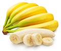 Banana bunch and peeled banana cuts isolated on white background Royalty Free Stock Photo