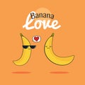 Banana cartoon characters, Cute fruit couple, Vintage poster flat design with Vector illustration