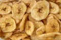Banana chips background top view. Dried banana slices texture. Heap of dried bananas Royalty Free Stock Photo