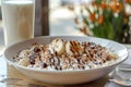 Banana chocolate oatmeal with milk at a cozy street cafe, a delightful breakfast scene