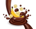 Banana chocolate splash Vector realistic illustration. Product template designs