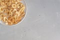 Banana - This is a close up shot of a bowl full of dried banana chips. Shot with a shallow depth of field and vignetting Royalty Free Stock Photo