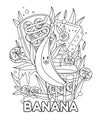 Banana coloring page, with a big B to introduce letter B to kids.