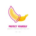 Banana with condom. World contraception day