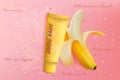 Banana cosmetics skin care package vector illustration, realistic gel or cream product for face skincare with natural