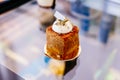 Banana cube cake topping with creamcheese frosting and sunflower seed Royalty Free Stock Photo