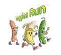 Banana and cucumber run from zombie sausage. Veggies run with text