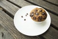 Banana cup cake with chocolate chip topping in white plate. Fresh banana cup cake in foil cup Royalty Free Stock Photo