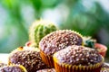 Close up Banana cup cakes homemade on plate on the table, served with fresh coffee for breakfast or coffee time in the afternoon. Royalty Free Stock Photo