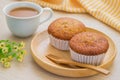 Banana cupcake on wooden plate and cup of coffee