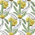 Banana custom jungle fabric seamless pattern, tropical exotic home decor wallaper, textile cloth design. Line art sketch unique