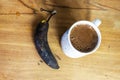 banana drink on a wooden surface. healthy eating, veganism.