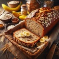 Banana-flavored oatmeal vegetarian bread, neatly arranged in a basket.