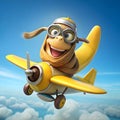 A banana flying a tiny biplane while wearing aviator goggles, exuding a sense a