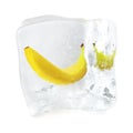 Banana frozen in ice cube, ice cube in front view, single ice cube isolated on white background. 3d rendering