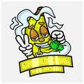 Banana Fruit Mascot Cartoon Characters With Weed Bud, Smoking and Blank Sign Label